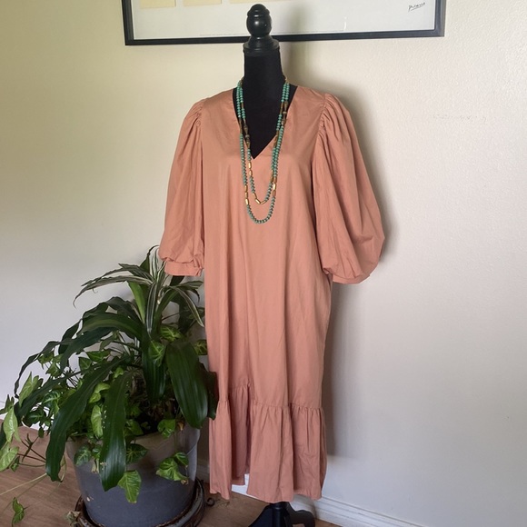 A New Day Long Puff Sleeve V-Neck Midi Dress Ruffle Hem Pockets - Picture 11 of 12